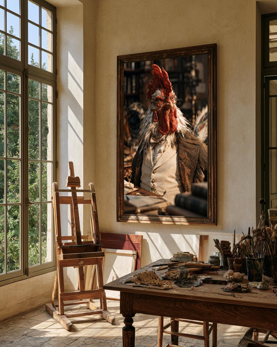 Whimsical Rooster Scholar Wall Art, Quirky Gentleman Animal Poster, Vintage Library Decor, Dark Academia Canvas Print