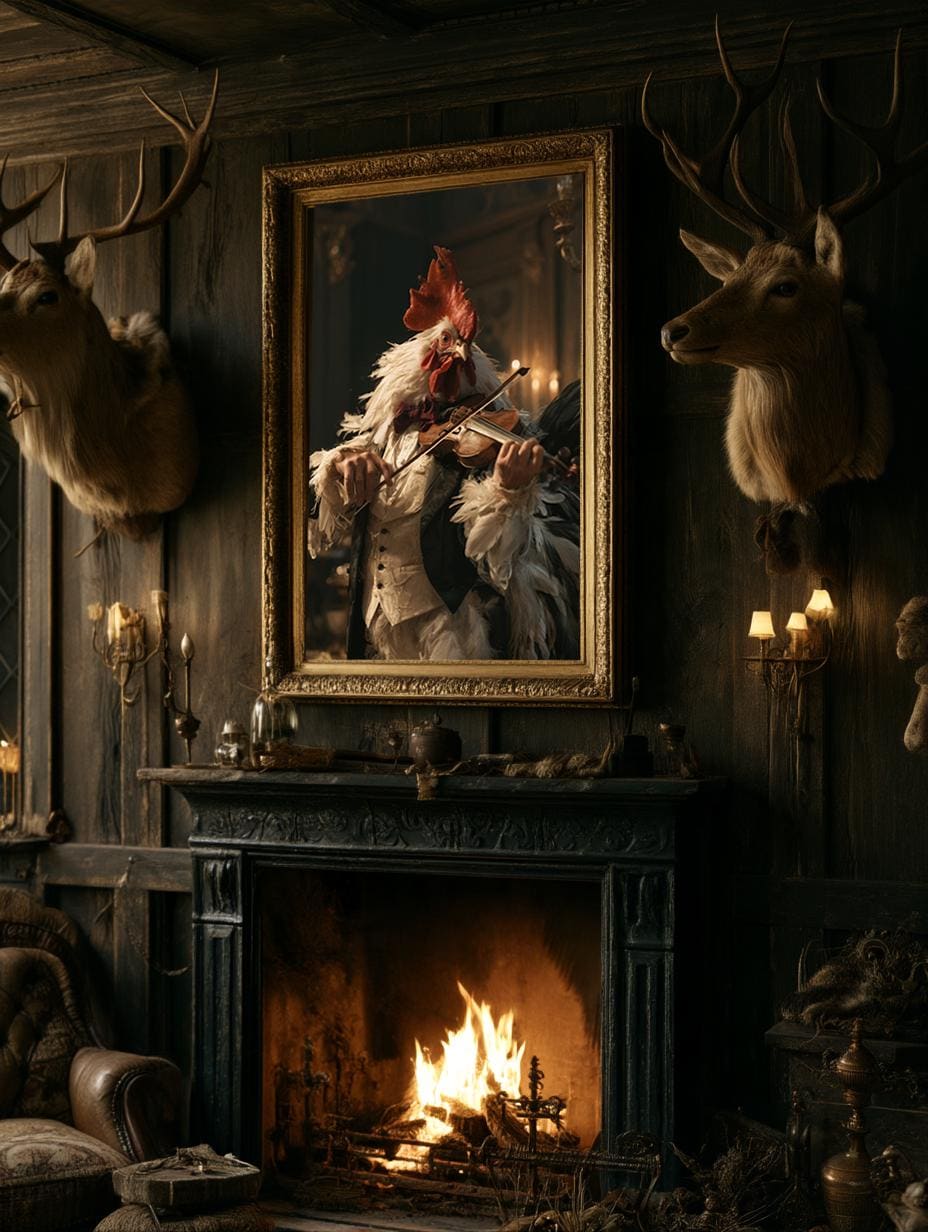 Whimsical Rooster Violinist Wall Art, Quirky Animal Musician Poster, Vintage Farmhouse Kitchen Decor, Funny Cottagecore Canvas Print