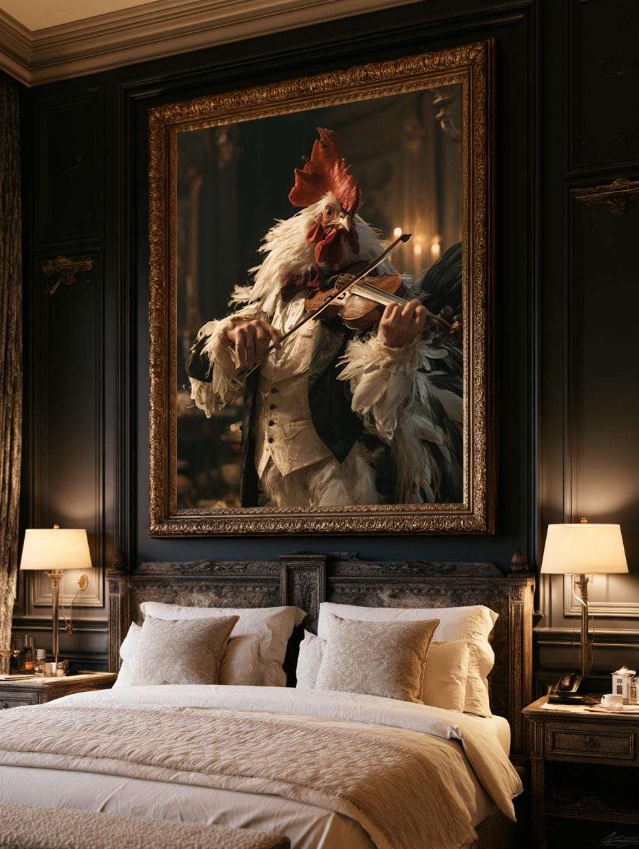Whimsical Rooster Violinist Wall Art, Quirky Animal Musician Poster, Vintage Farmhouse Kitchen Decor, Funny Cottagecore Canvas Print