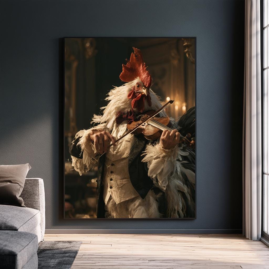 Whimsical Rooster Violinist Wall Art, Quirky Animal Musician Poster, Vintage Farmhouse Kitchen Decor, Funny Cottagecore Canvas Print
