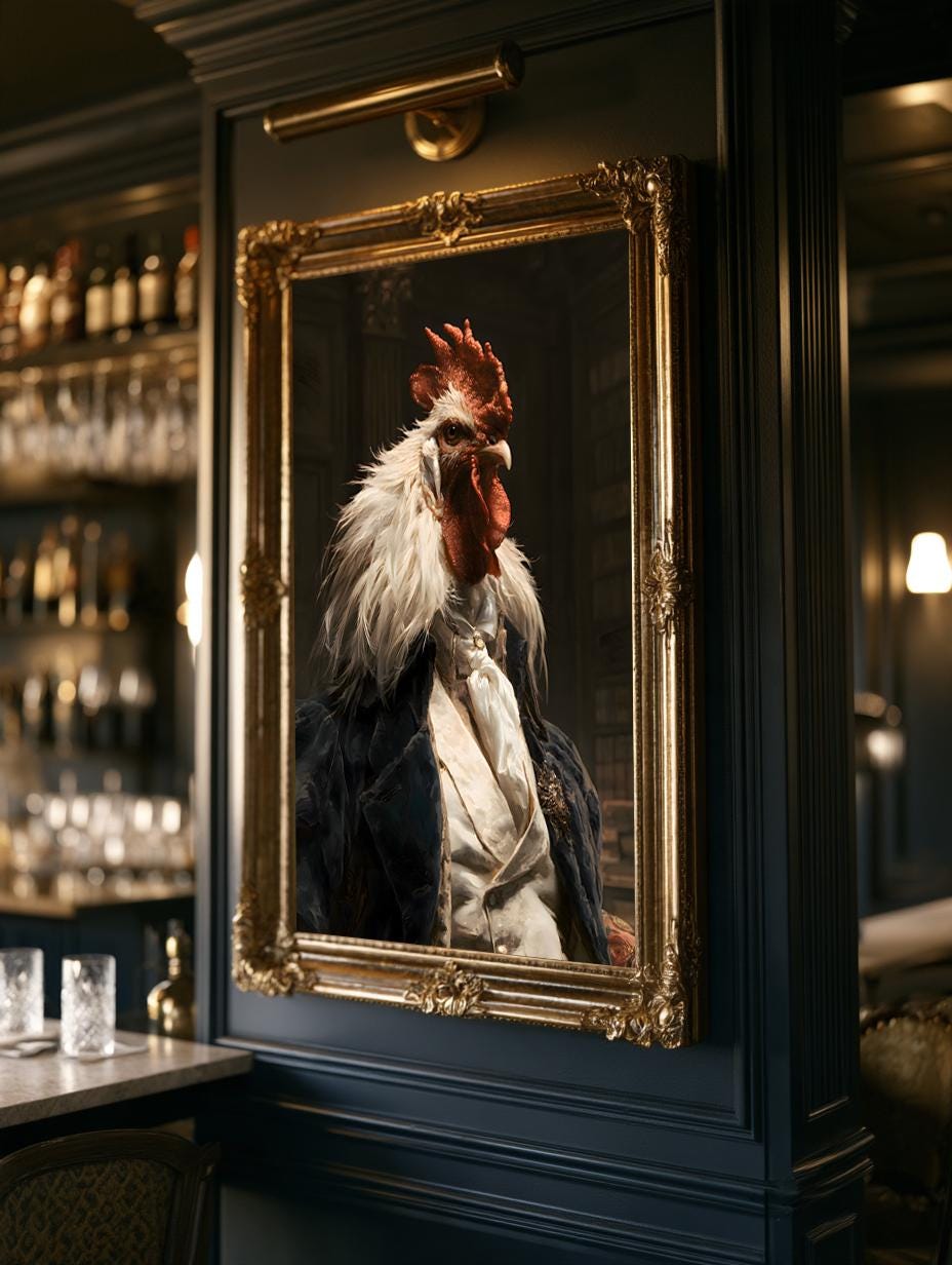 Whimsical Rooster Aristocrat Wall Art, Quirky Gentleman Animal Portrait, Vintage Country Estate Decor, Dark Academia Canvas Print