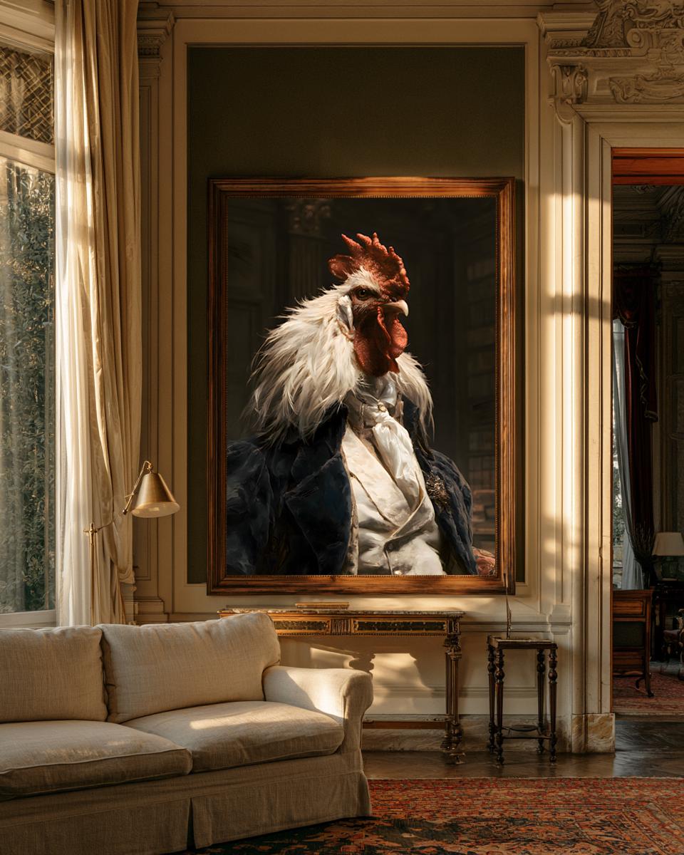 Whimsical Rooster Aristocrat Wall Art, Quirky Gentleman Animal Portrait, Vintage Country Estate Decor, Dark Academia Canvas Print