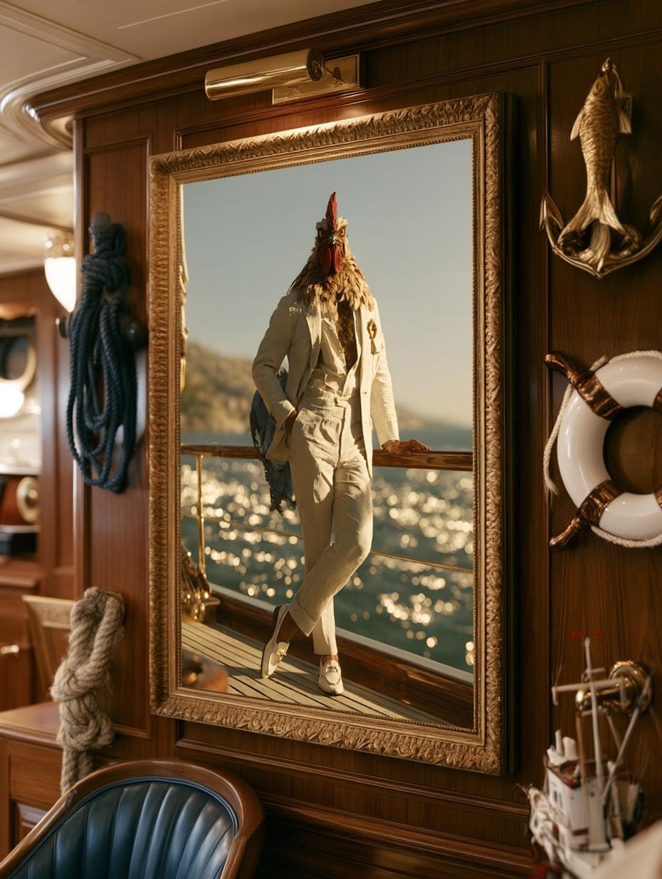 Whimsical Rooster Captain Wall Art, Quirky Gentleman Animal Poster, Vintage Nautical Yacht Decor, Elegant Summer Canvas Print