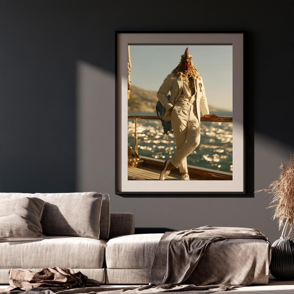 Whimsical Rooster Captain Wall Art, Quirky Gentleman Animal Poster, Vintage Nautical Yacht Decor, Elegant Summer Canvas Print