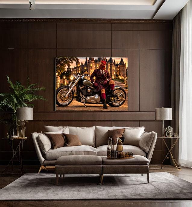 Whimsical Rooster Biker Wall Art, Quirky Gentleman Animal Poster, Vintage Motorcycle Castle Decor, Dark Academia Canvas Print