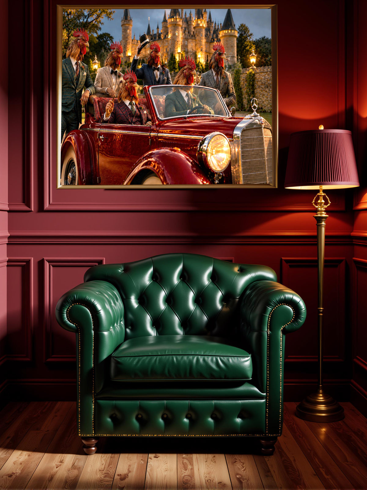Whimsical Rooster Party Wall Art, Quirky Gentleman Animal Poster, Vintage Red Classic Car Decor, Dark Academia Castle Canvas Print