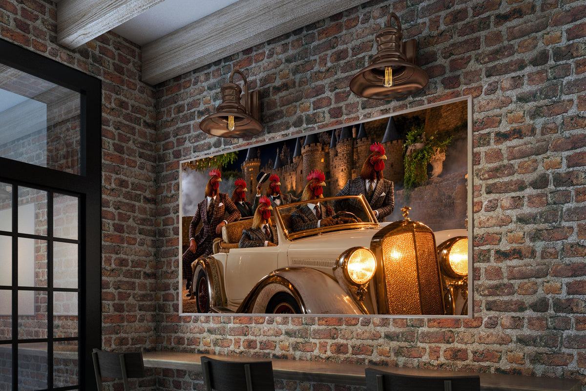 Whimsical Rooster Party Wall Art, Quirky Gentleman Animal Poster, Vintage White Classic Car Decor, Dark Academia Castle Canvas Print