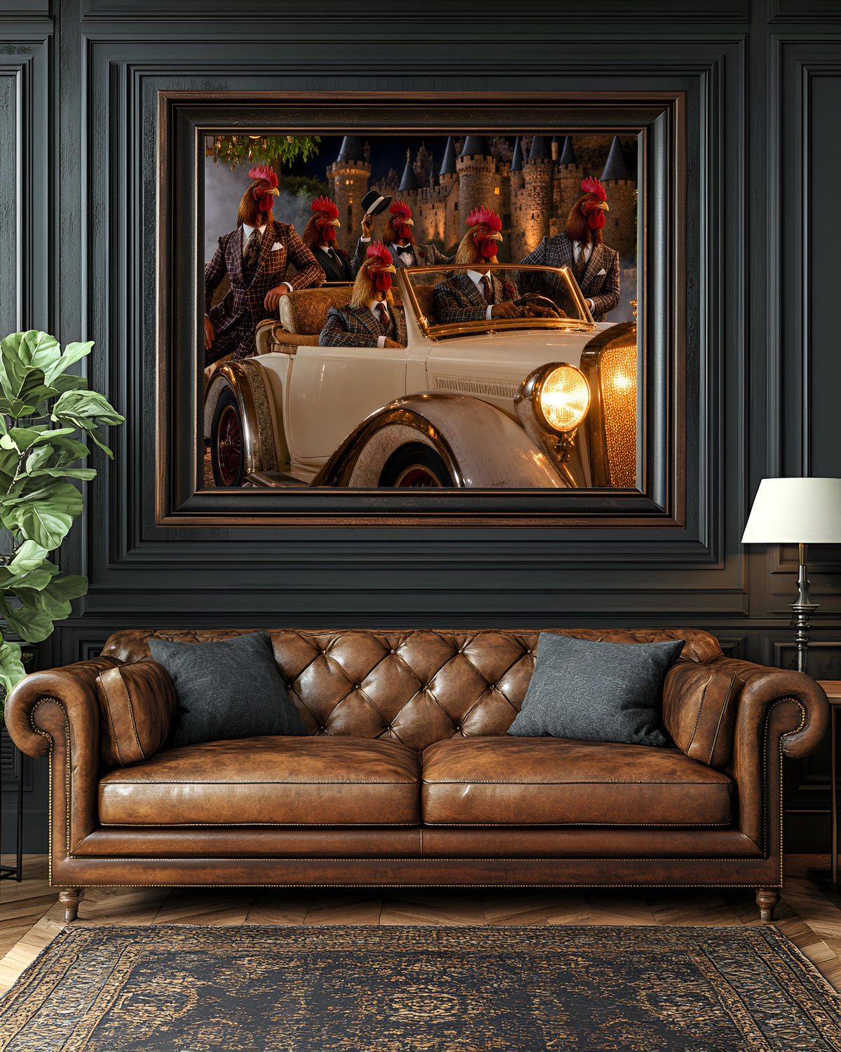 Whimsical Rooster Party Wall Art, Quirky Gentleman Animal Poster, Vintage White Classic Car Decor, Dark Academia Castle Canvas Print