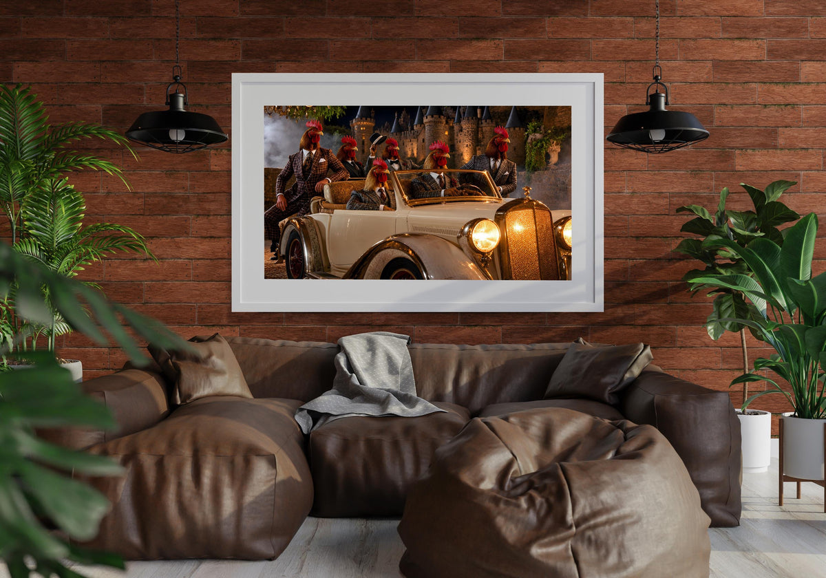 Whimsical Rooster Party Wall Art, Quirky Gentleman Animal Poster, Vintage White Classic Car Decor, Dark Academia Castle Canvas Print