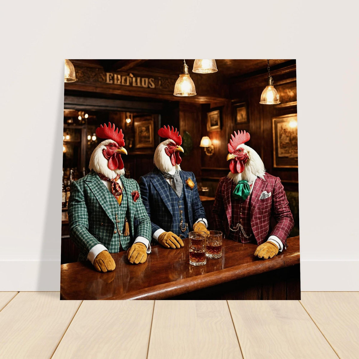 Whimsical Rooster Bar Wall Art, Quirky Gentleman Animal Poster, Vintage Pub Lounge Decor, Dark Academia Canvas Print