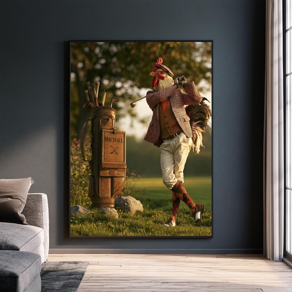 Personalized Golf Bag Wall Art, Gentleman Rooster Golfer Swing Poster, Country Club Office Decor, Unique Golf Gift for Him