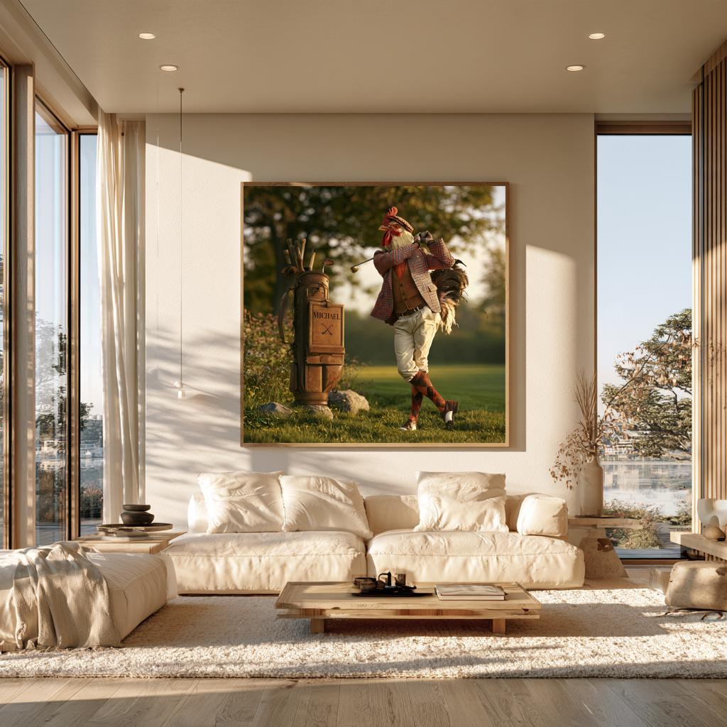 Personalized Golf Bag Wall Art, Gentleman Rooster Golfer Swing Poster, Country Club Office Decor, Unique Golf Gift for Him