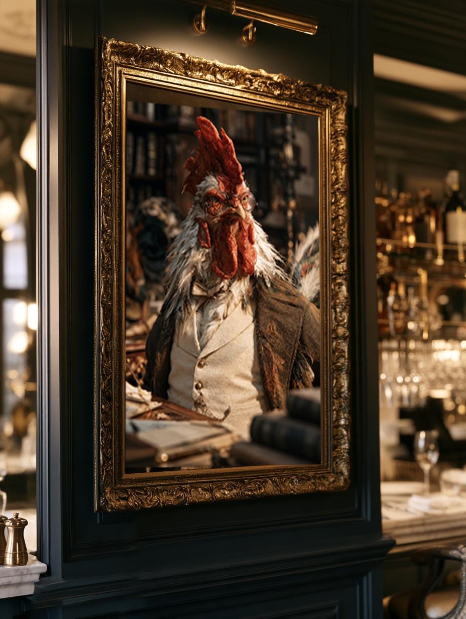 Whimsical Rooster Scholar Wall Art, Quirky Gentleman Animal Poster, Vintage Library Decor, Dark Academia Canvas Print
