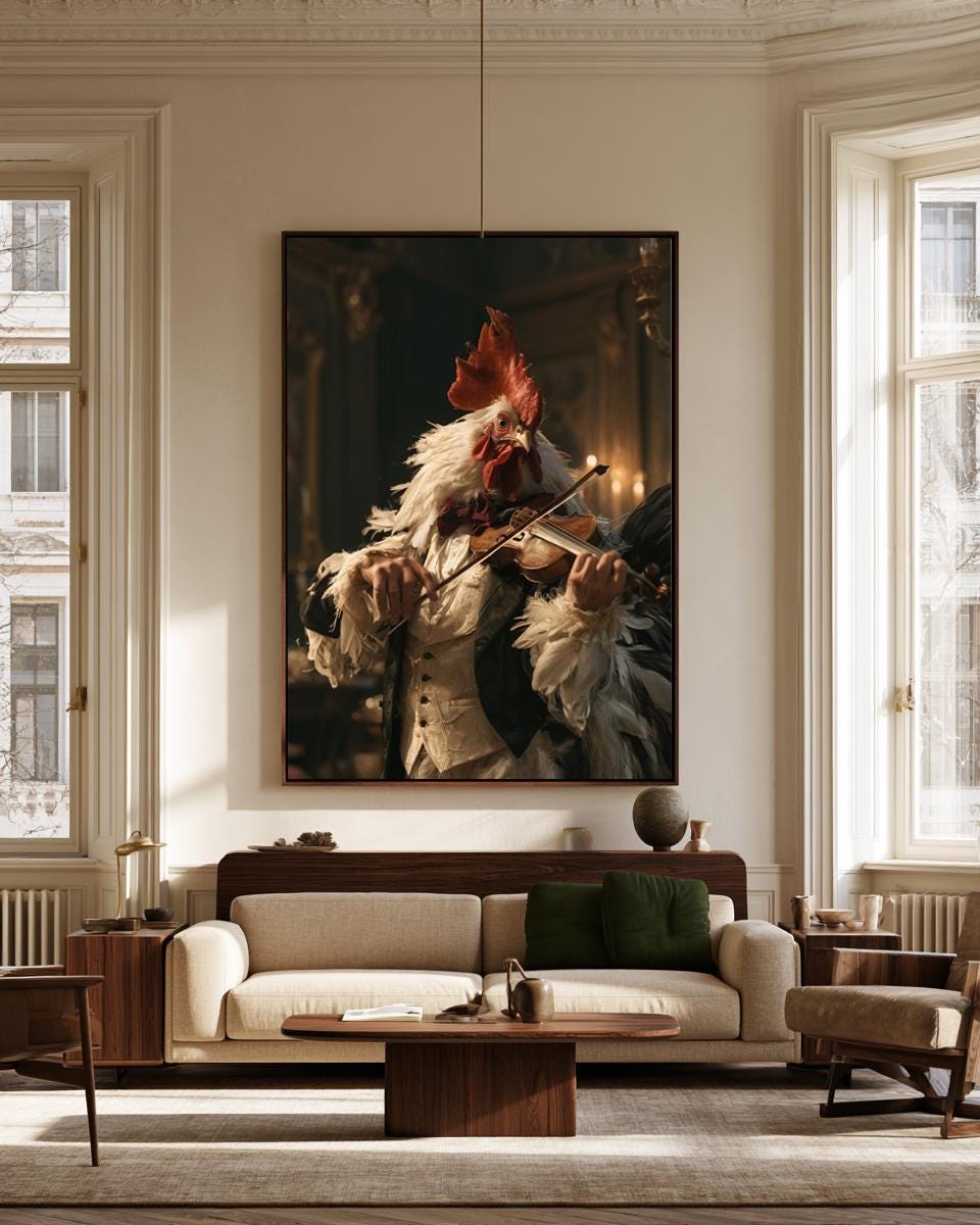 Whimsical Rooster Violinist Wall Art, Quirky Animal Musician Poster, Vintage Farmhouse Kitchen Decor, Funny Cottagecore Canvas Print