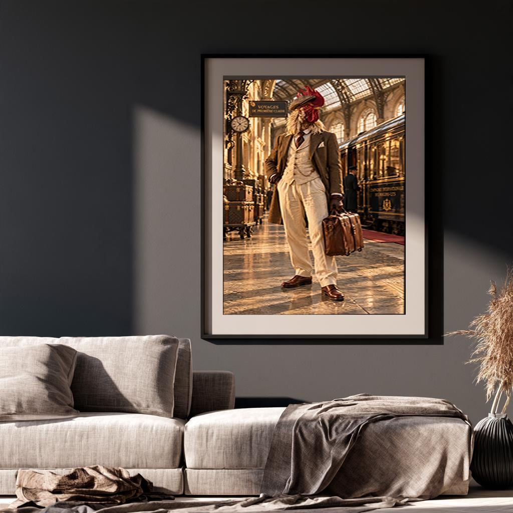 Whimsical Rooster Traveler Wall Art, Quirky Gentleman Animal Poster, Vintage Train Station Decor, Dark Academia Canvas Print