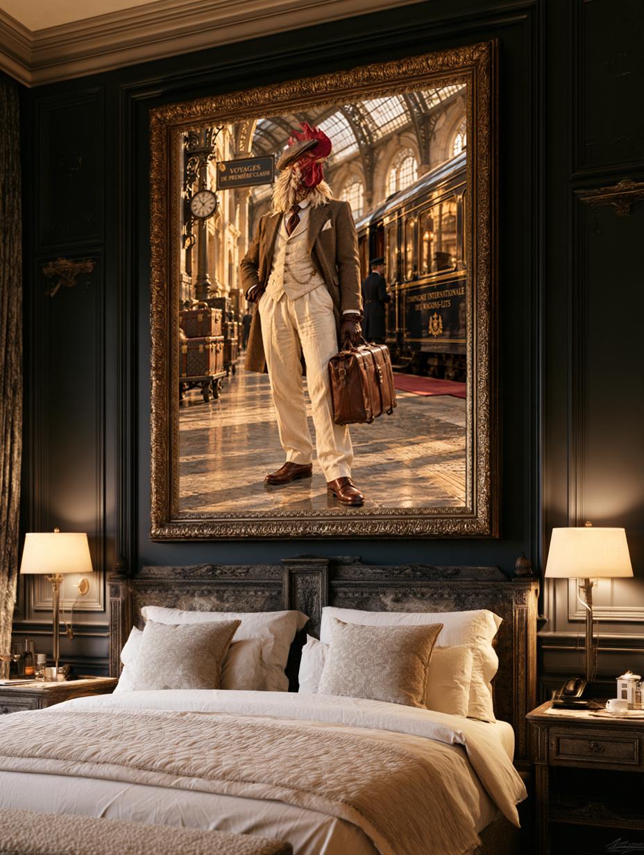 Whimsical Rooster Traveler Wall Art, Quirky Gentleman Animal Poster, Vintage Train Station Decor, Dark Academia Canvas Print