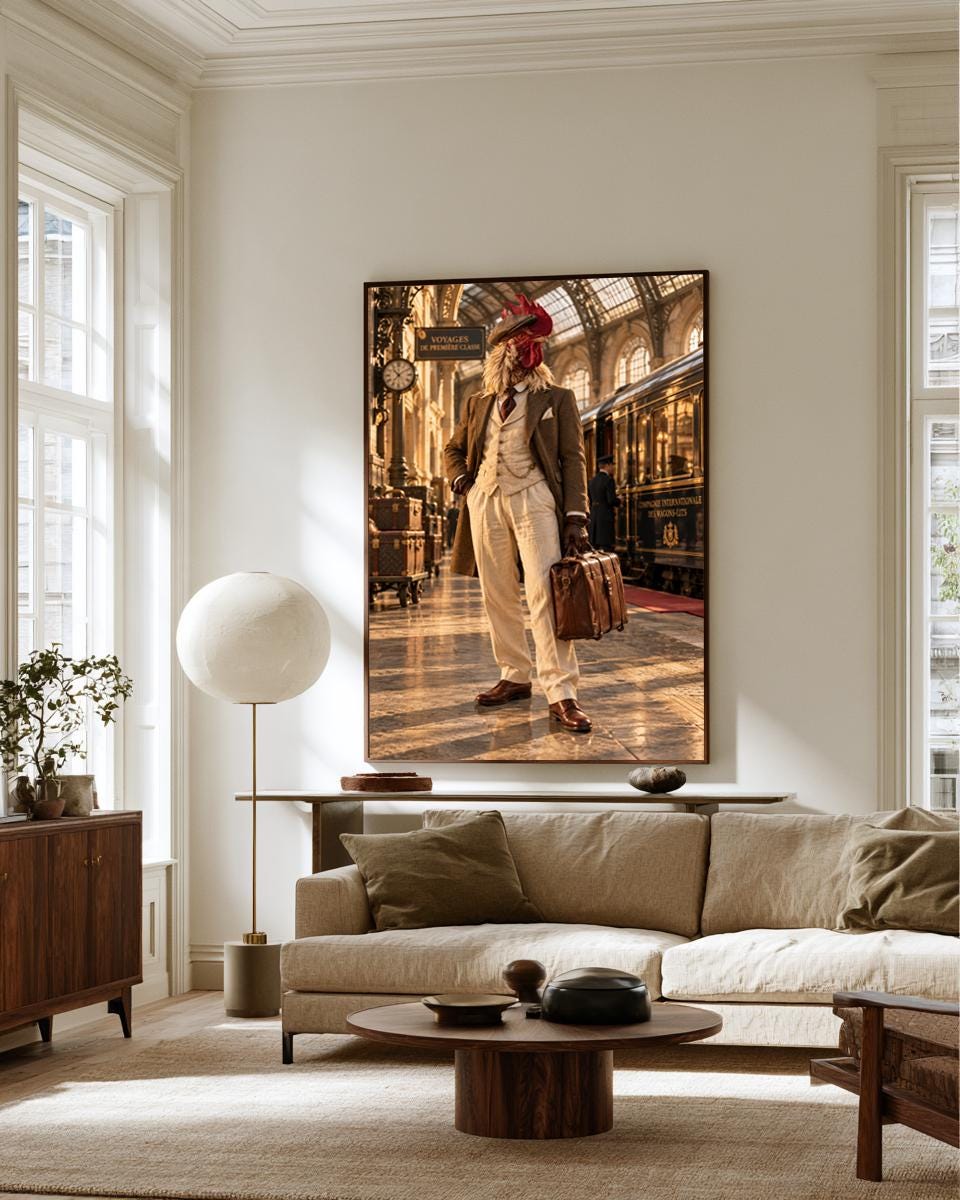Whimsical Rooster Traveler Wall Art, Quirky Gentleman Animal Poster, Vintage Train Station Decor, Dark Academia Canvas Print