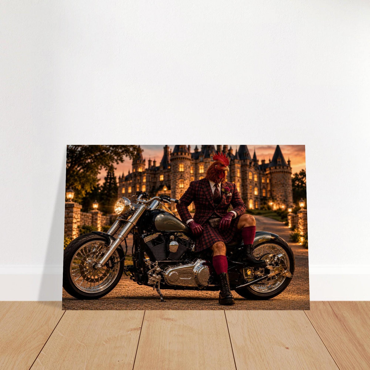 Whimsical Rooster Biker Wall Art, Quirky Gentleman Animal Poster, Vintage Motorcycle Castle Decor, Dark Academia Canvas Print