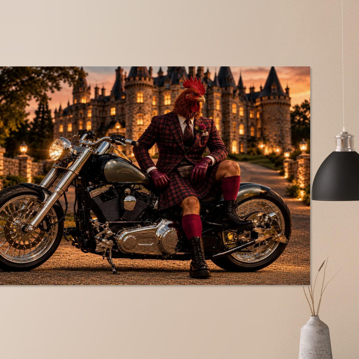 Whimsical Rooster Biker Wall Art, Quirky Gentleman Animal Poster, Vintage Motorcycle Castle Decor, Dark Academia Canvas Print