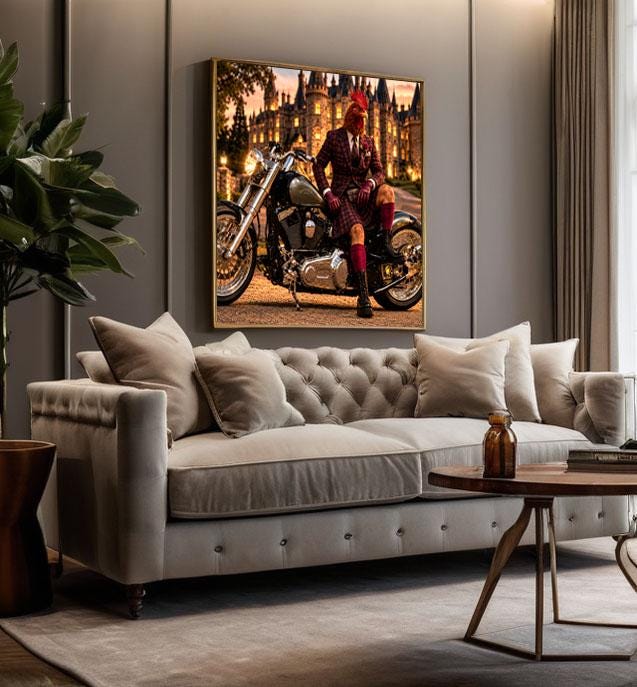 Whimsical Rooster Biker Wall Art, Quirky Gentleman Animal Poster, Vintage Motorcycle Castle Decor, Dark Academia Canvas Print