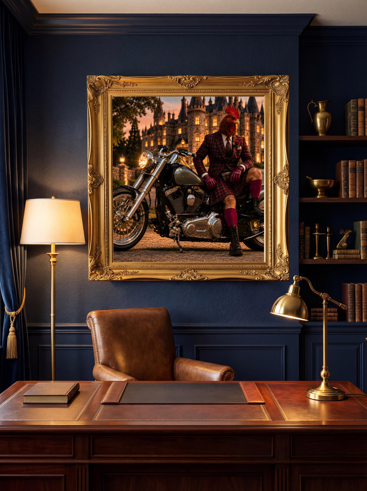 Whimsical Rooster Biker Wall Art, Quirky Gentleman Animal Poster, Vintage Motorcycle Castle Decor, Dark Academia Canvas Print