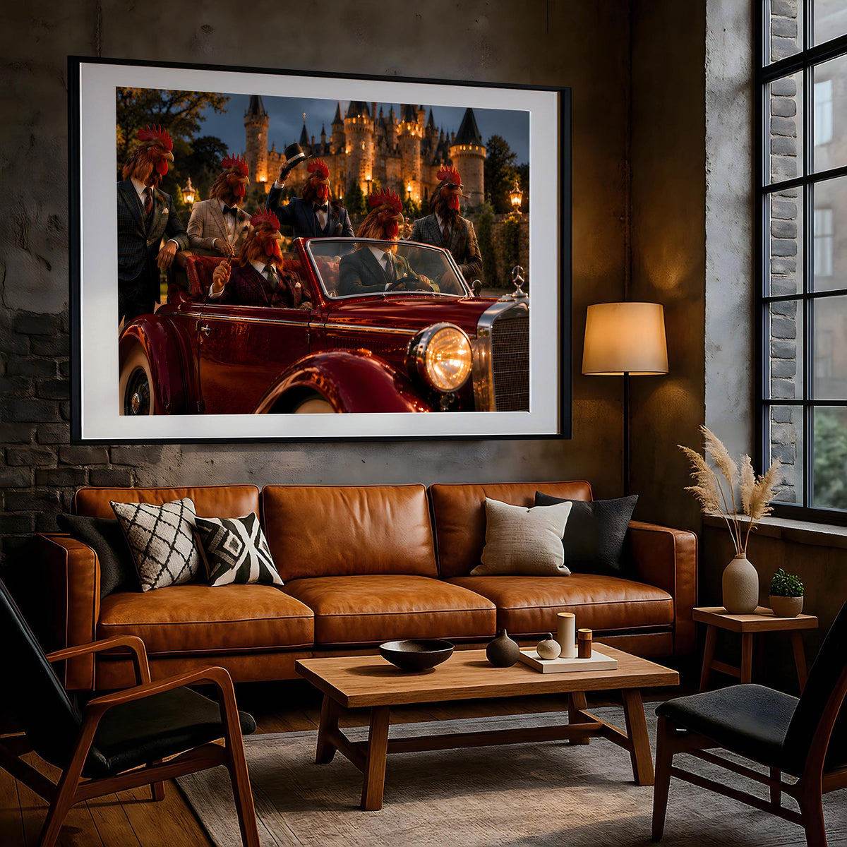 Whimsical Rooster Party Wall Art, Quirky Gentleman Animal Poster, Vintage Red Classic Car Decor, Dark Academia Castle Canvas Print