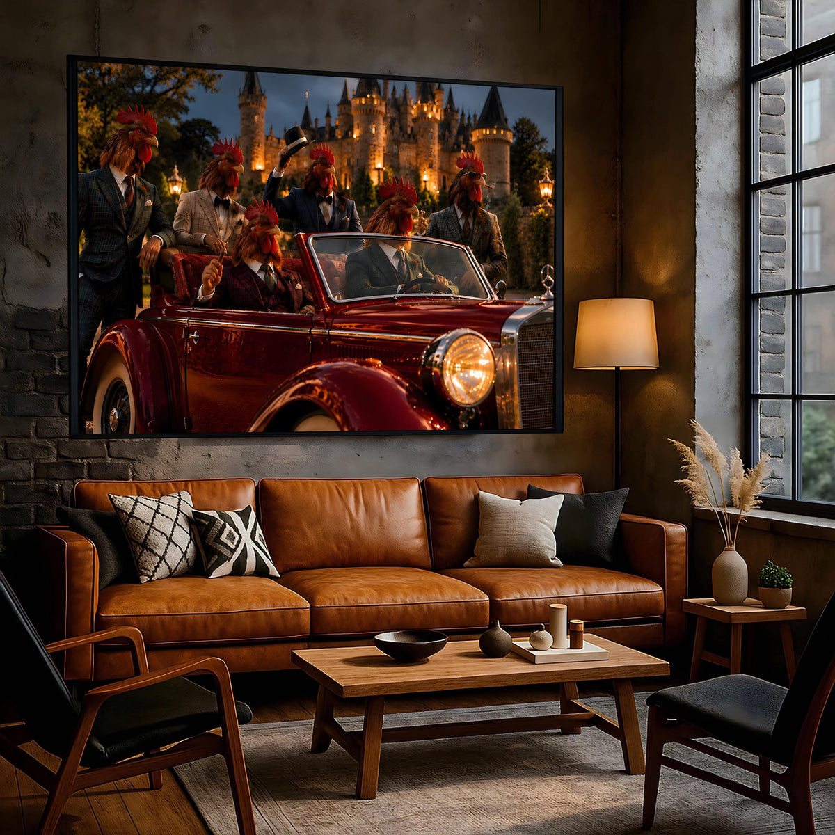 Whimsical Rooster Party Wall Art, Quirky Gentleman Animal Poster, Vintage Red Classic Car Decor, Dark Academia Castle Canvas Print