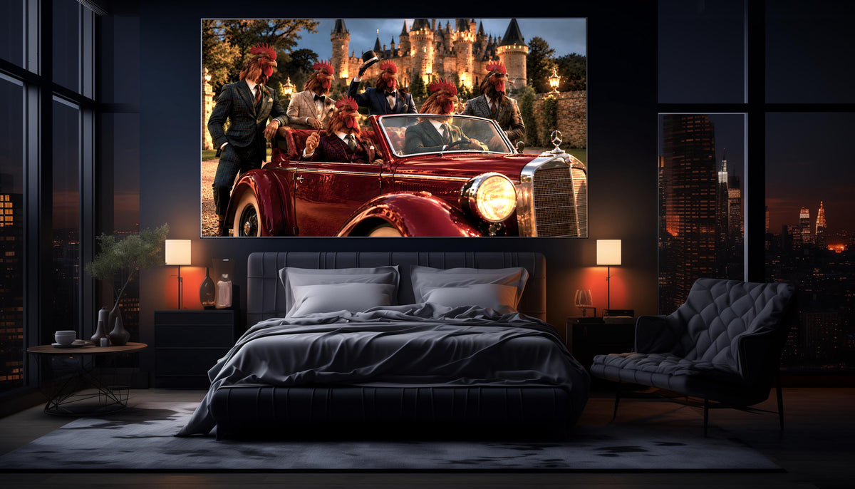 Whimsical Rooster Party Wall Art, Quirky Gentleman Animal Poster, Vintage Red Classic Car Decor, Dark Academia Castle Canvas Print