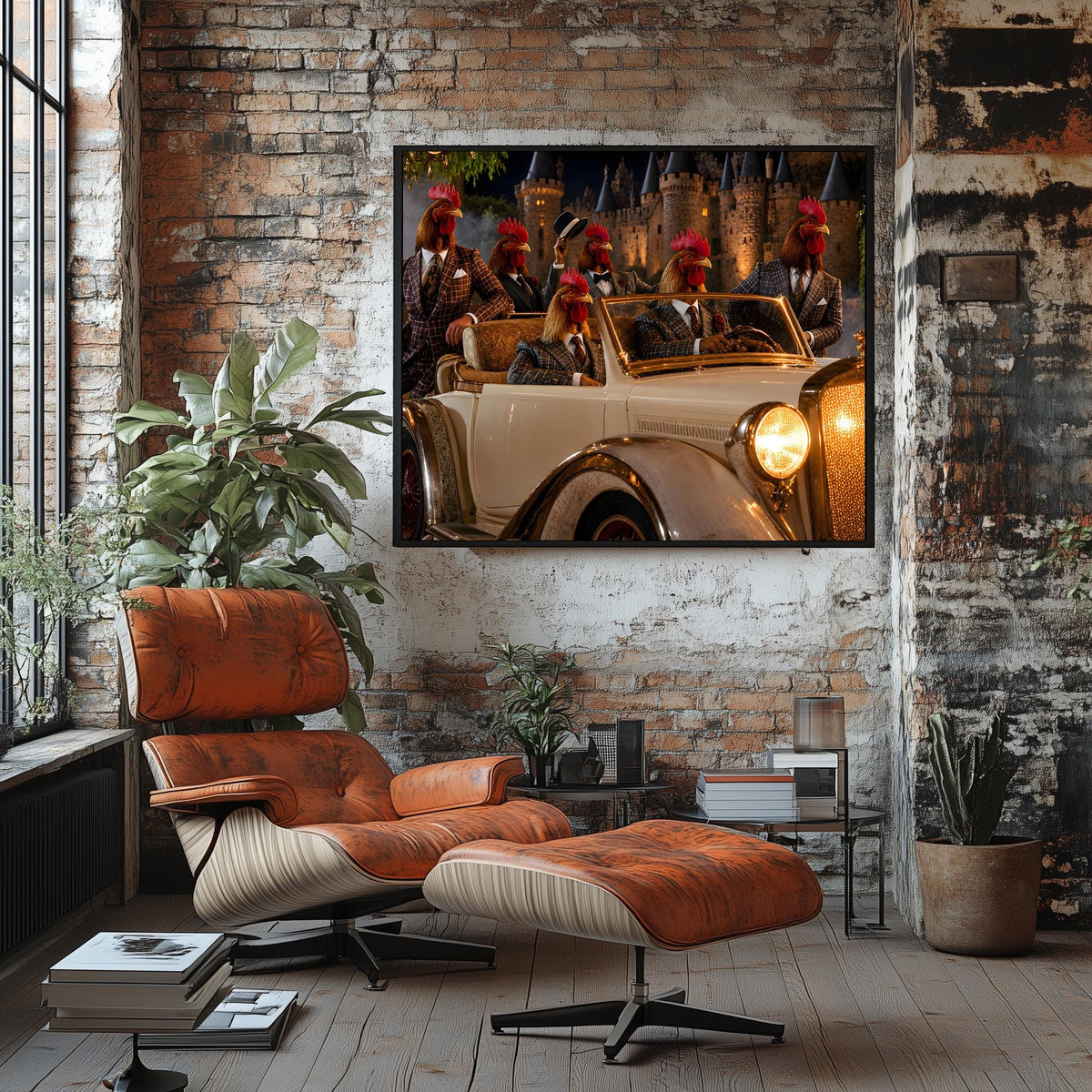 Whimsical Rooster Party Wall Art, Quirky Gentleman Animal Poster, Vintage White Classic Car Decor, Dark Academia Castle Canvas Print