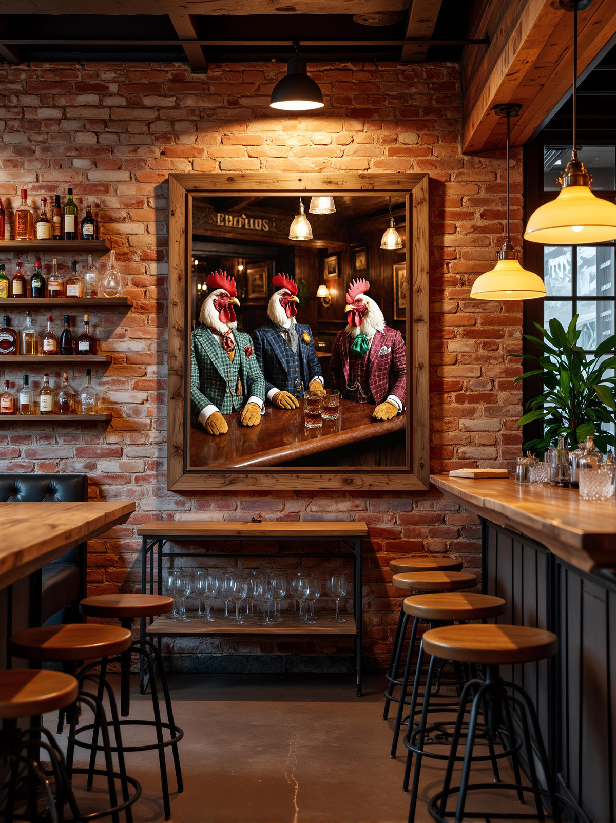 Whimsical Rooster Bar Wall Art, Quirky Gentleman Animal Poster, Vintage Pub Lounge Decor, Dark Academia Canvas Print