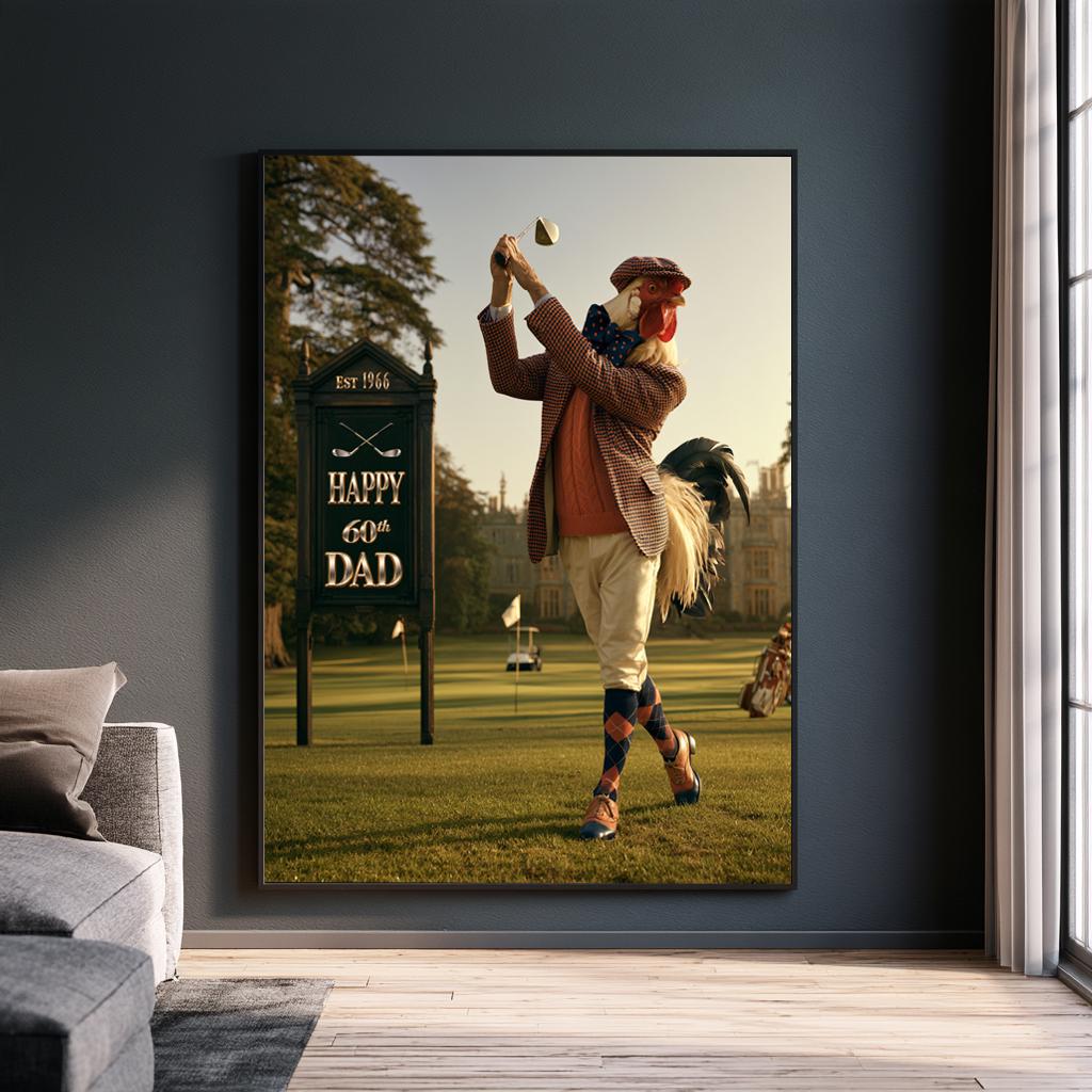 Personalized Golf Wall Art, Golf Birthday Gift for Dad, Gentleman Rooster Golfer Poster, Custom Golf Gifts for Men, Man Cave Canvas Print