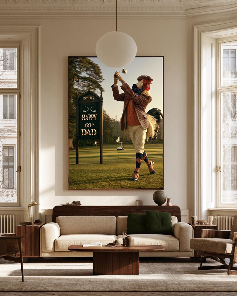 Personalized Golf Wall Art, Golf Birthday Gift for Dad, Gentleman Rooster Golfer Poster, Custom Golf Gifts for Men, Man Cave Canvas Print