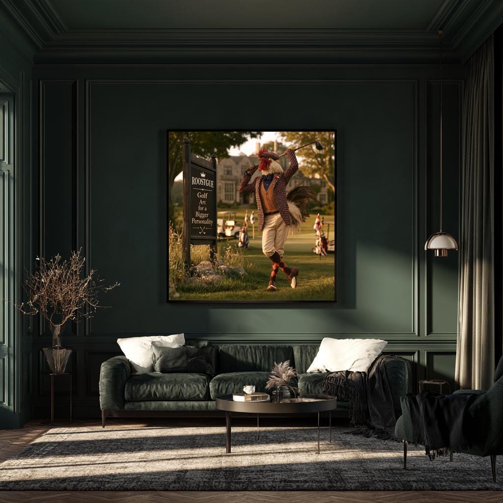 Personalized Golf Wall Art, Custom Golf Course Sign Gift, Gentleman Rooster Golfer Poster, Vintage Golf Decor, Man Cave Canvas Print