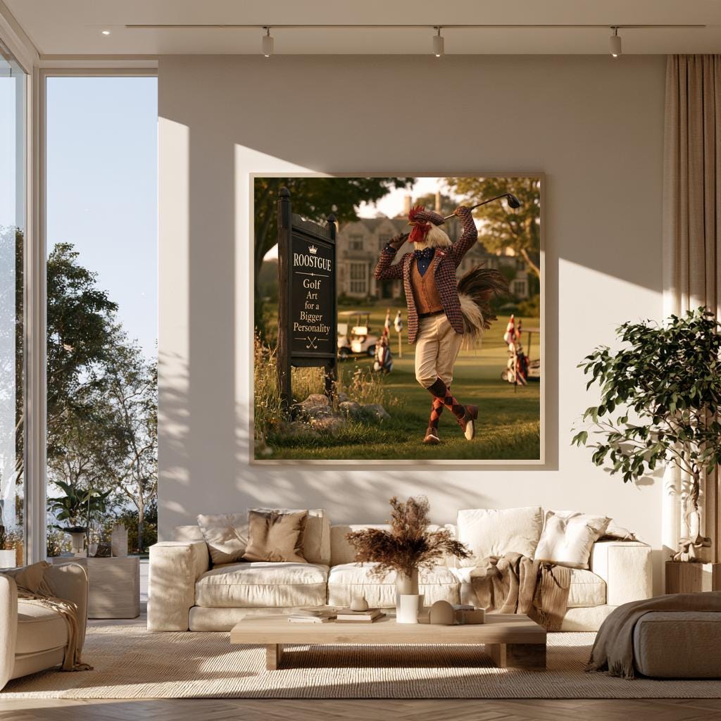 Personalized Golf Wall Art, Custom Golf Course Sign Gift, Gentleman Rooster Golfer Poster, Vintage Golf Decor, Man Cave Canvas Print