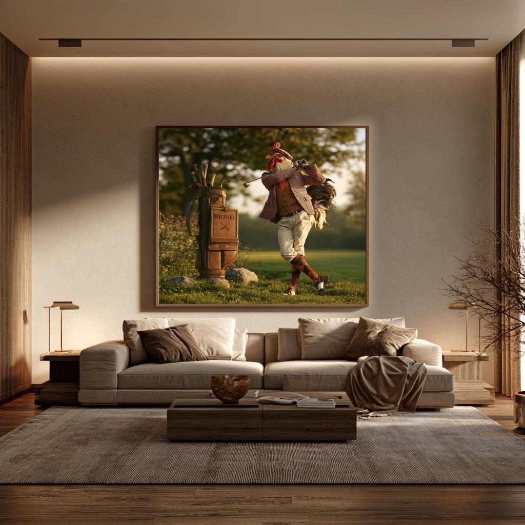 Personalized Golf Bag Wall Art, Gentleman Rooster Golfer Swing Poster, Country Club Office Decor, Unique Golf Gift for Him