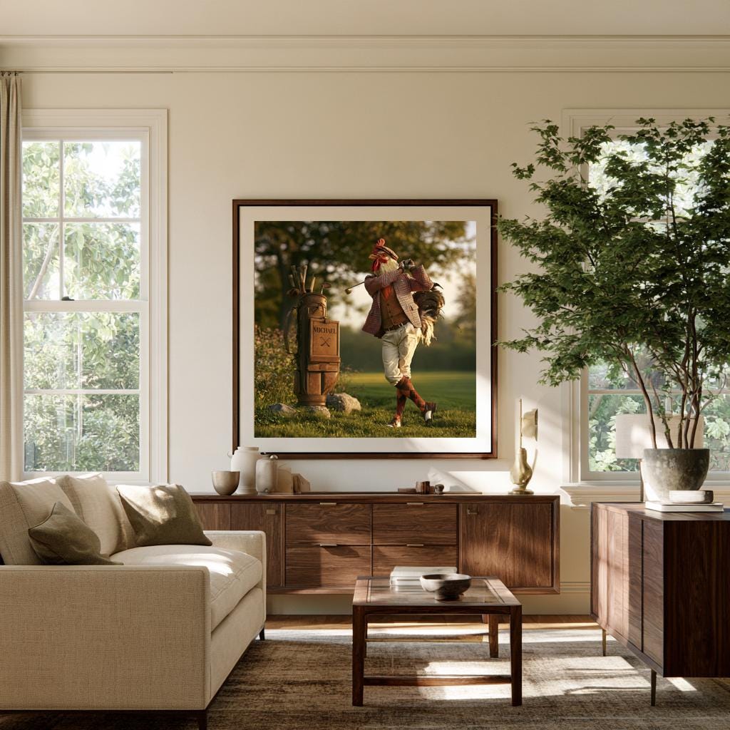 Personalized Golf Bag Wall Art, Gentleman Rooster Golfer Swing Poster, Country Club Office Decor, Unique Golf Gift for Him