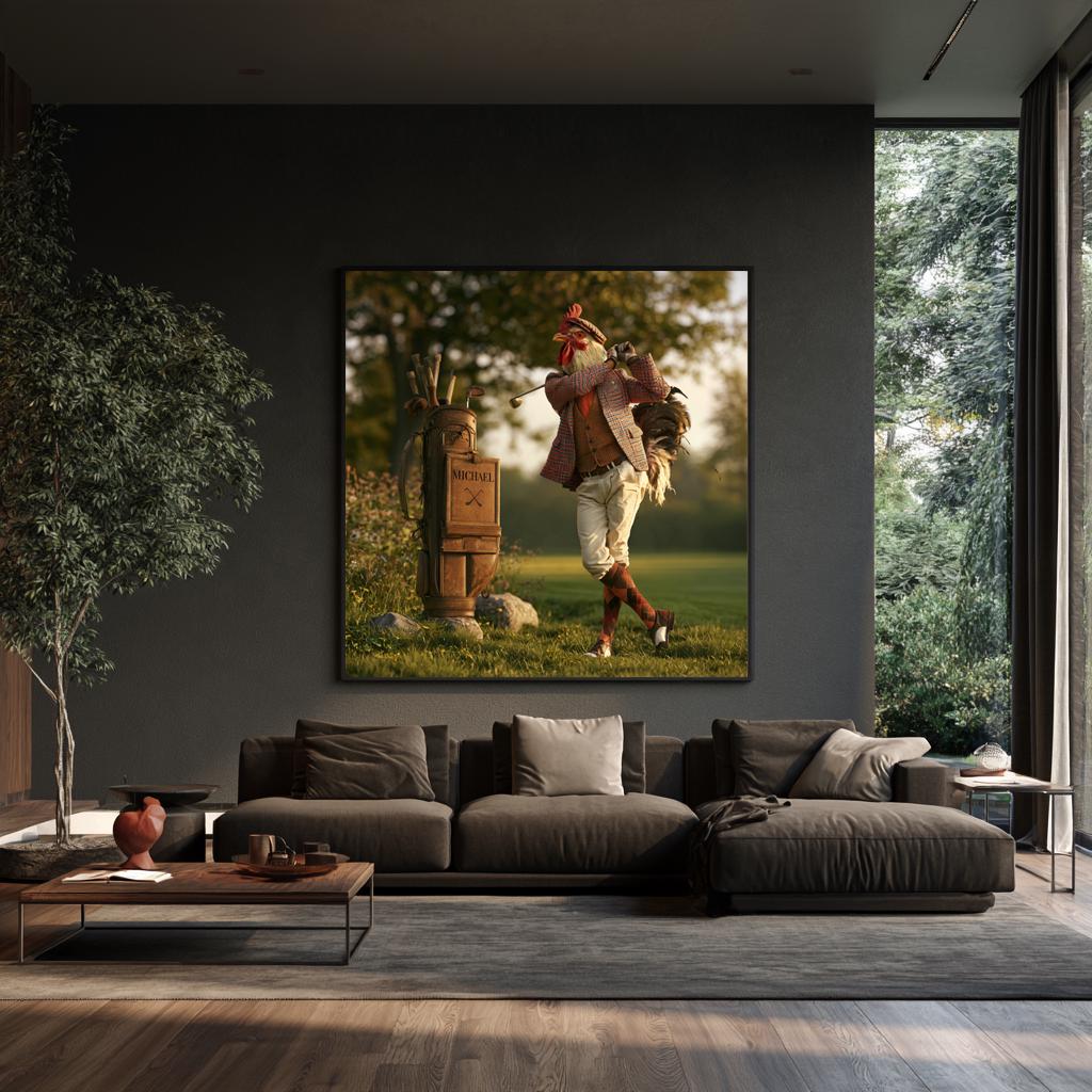 Personalized Golf Bag Wall Art, Gentleman Rooster Golfer Swing Poster, Country Club Office Decor, Unique Golf Gift for Him