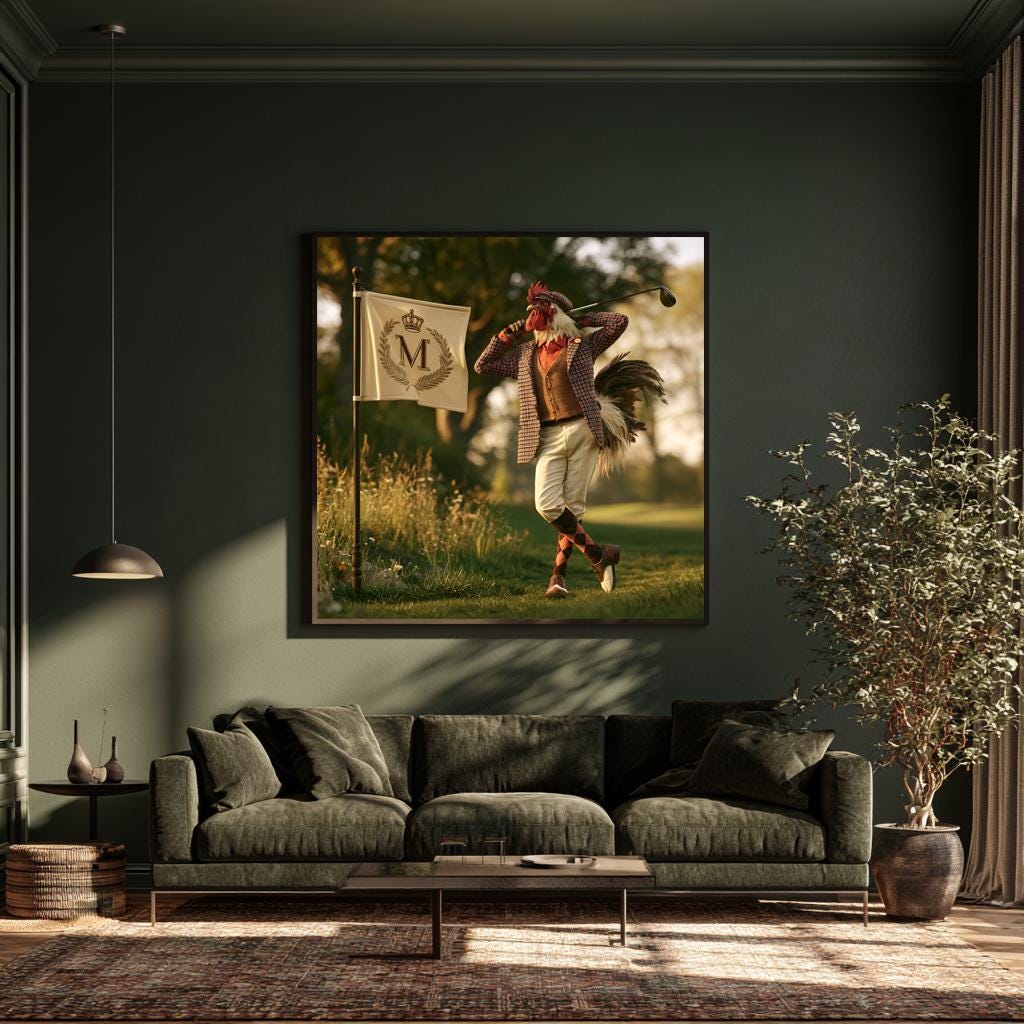 Personalized Golf Wall Art, Custom Monogram Golf Flag Gift, Gentleman Rooster Golfer Poster, Vintage Golf Decor, Man Cave Canvas Print